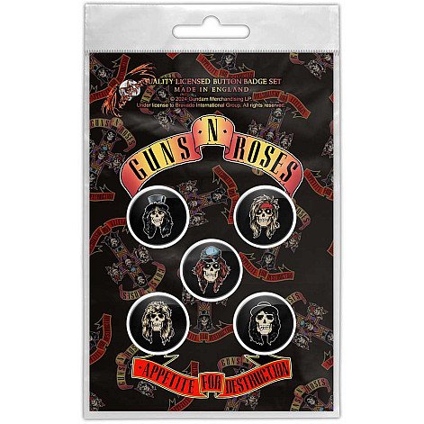 Guns N Roses zestaw 5 odznak průměr 25 mm, Appetite For Destruction