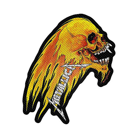 Metallica tkaná naszywka PES 90 x 30 mm, Flaming Skull Cut-Out