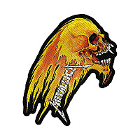 Metallica tkaná naszywka PES 90 x 30 mm, Flaming Skull Cut-Out